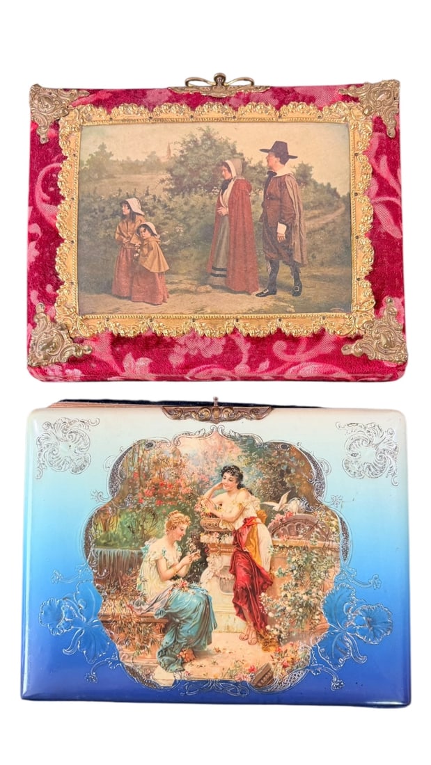 2pc 19C Victorian Celluloid Photo Albums: 2 Piece 19th Century Victorian celluloid photo albums, circa 1860s to 1880s, (1) Family in garden, working clasp, 18 carte de vista photographs, measures 9.25" x 11.25" x 3", and (1) Ladies in