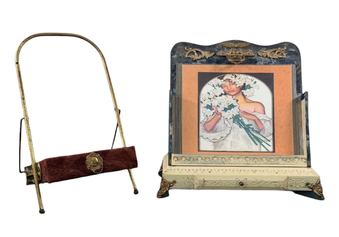2pc Antique Dresser Box and Photo Album Stand: 2 pieces of antique dresser box and photo album stand, (1) Antique vanity box or dresser box features a print of Alphonse Mucha's ar nouveau panel "Ivy" from 1901, single drawer, ornate bronze