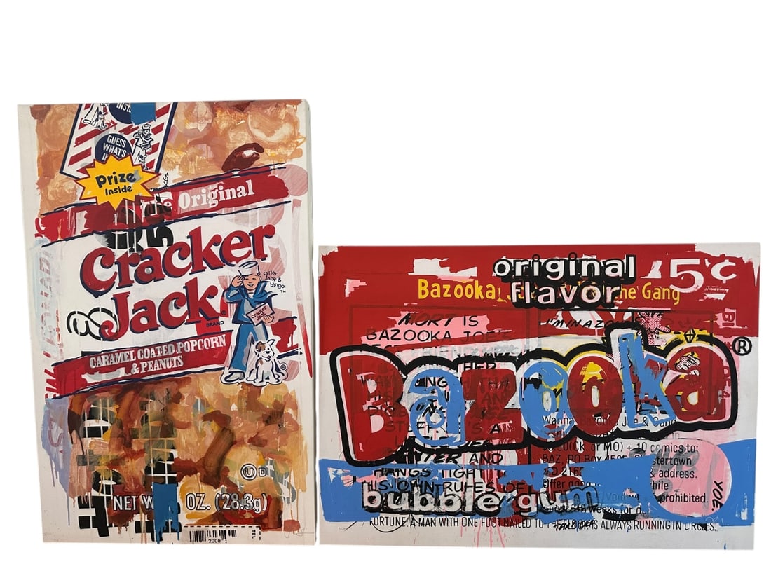 2pc Bazooka & Cracker Jack Prints on Canvas: 2 Pieces prints on canvas (1) Bazooka bubble gum, measures 37" x 26", signed lower right, measures 37" x 26", and (1) Cracker Jacks, label on verso Samuel Owen Gallery, measures 24.5" x 38".