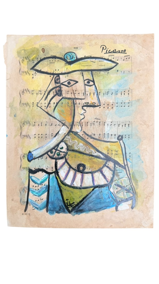 Pablo Picasso Reproduction "Buste au Chapeau": Pablo Picasso Reproduction "Buste au Chapeau" on sheet music. Signed Picasso upper right. Sheet music and stamps on verso. Excellent condition. Measures 8.75" x 11.25".