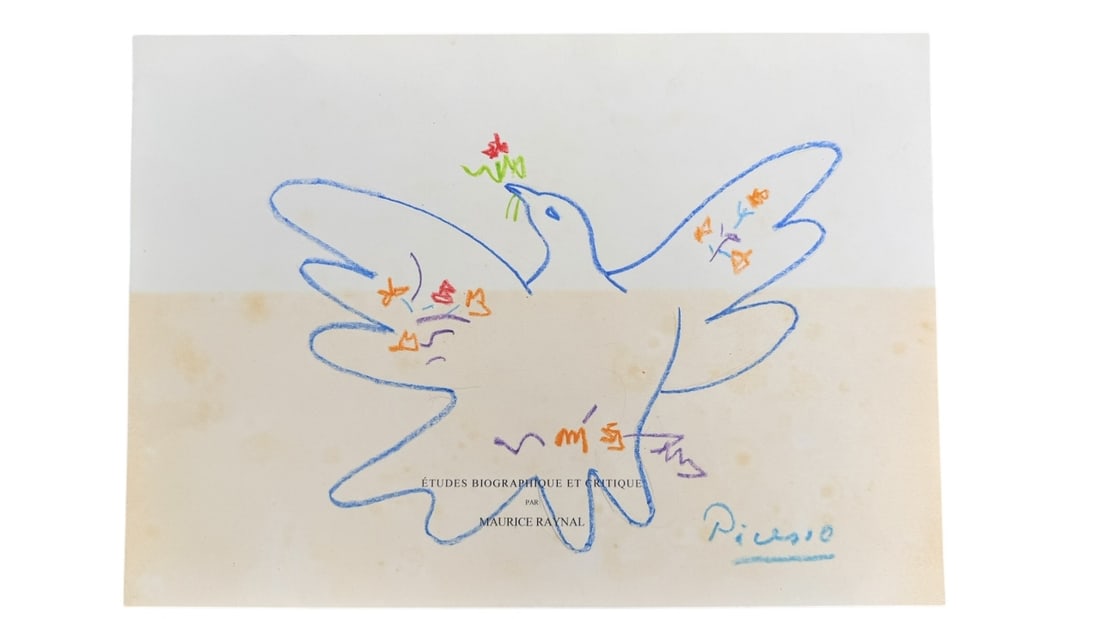 Pablo Picasso "Dove of Peace" Crayon Drawing: Pablo Picasso "Dove of Peace" crayon drawing on paper from book "Etudes Biographique et Critique par Maurice Raynal". Signed Picasso in blue crayon. Crayon drawing. On verso signed and dated in blue