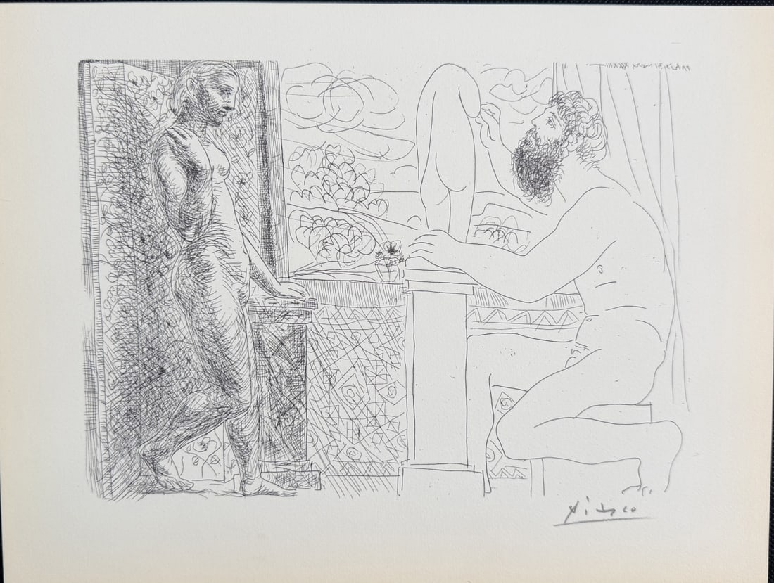 Pablo Picasso "Sculptor Working on a Motif with: Pablo Picasso original lithograph after etching. Titled "Sculptor Working on a Motif with Marie-Therese Posing", aka "The Sculptor at Rest II" from "Suite Vollard" series. Signed in pencil lower