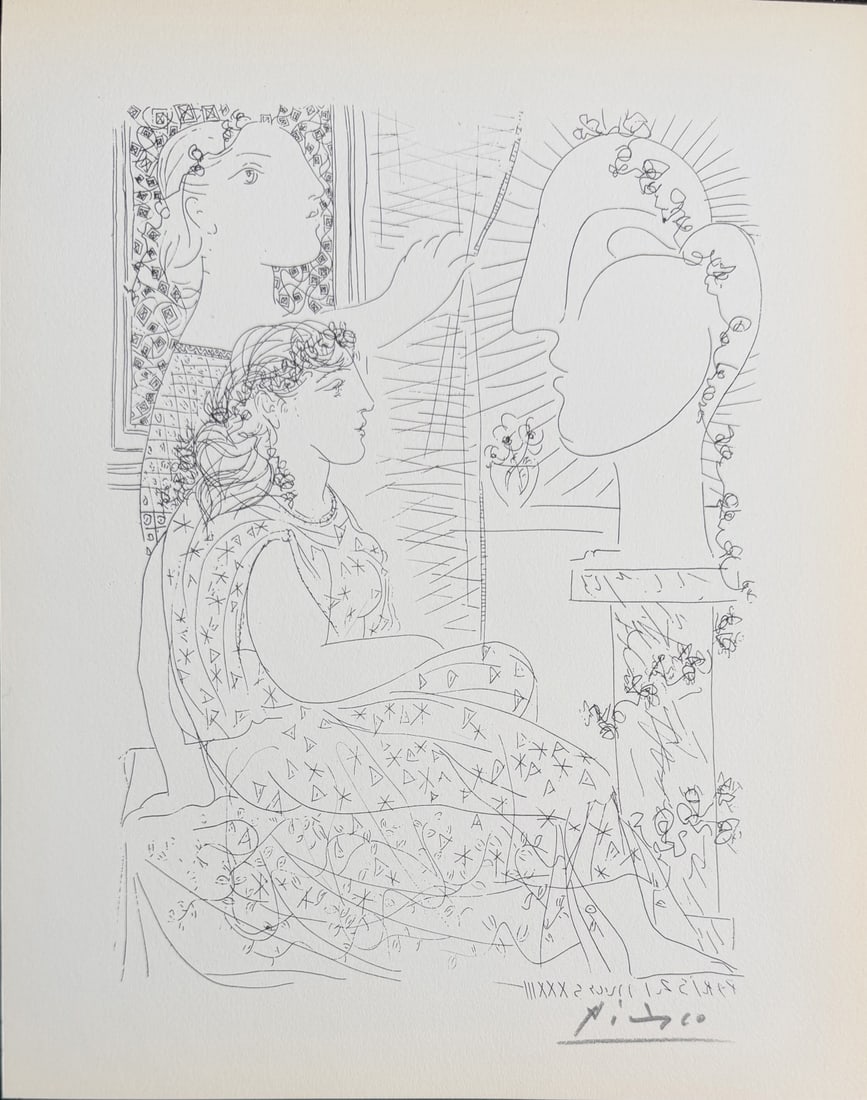 Pablo Picasso "Deux Femmes Regardant Une Tete: Pablo Picasso original lithograph after etching. Titled "Deux Femmes regardant one Tete Sculptee", aka "Two Women Looking at a Sculpted Head" from "Suite Vollard" series. Signed in pencil lower left.