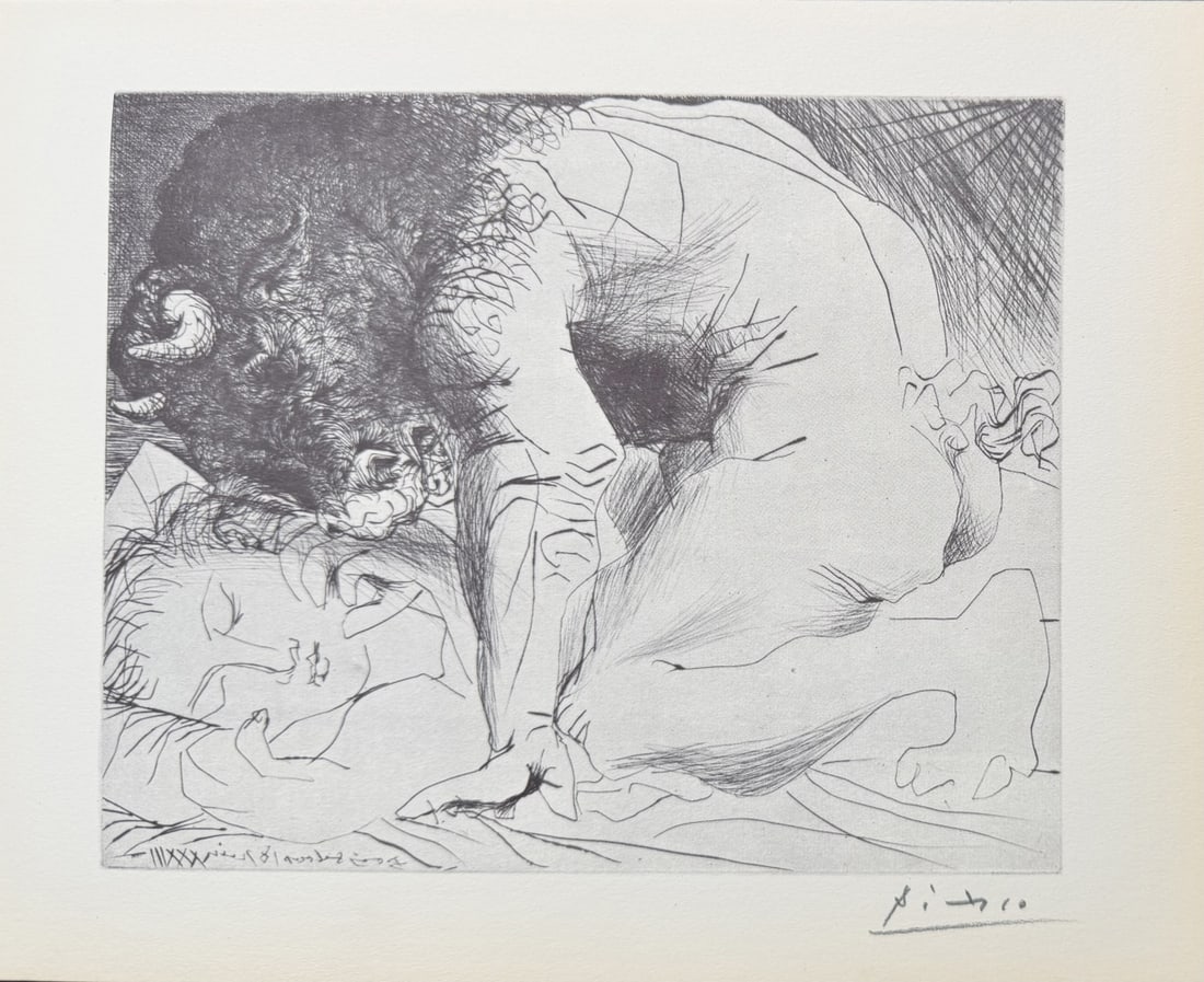Pablo Picasso "Minotaure Caressing une Dormeuse": Pablo Picasso original lithograph after etching. Titled "Minotaure Caressing une Dormeuse", aka "Minotaur Caressing a Sleeping Woman" from "Suite Vollard" series. Signed in pencil lower left.