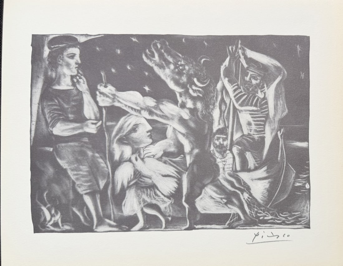 Pablo Picasso "Blind Minotaur Guided by a Girl": Pablo Picasso original lithograph after etching. Titled "Blind Minotaur Guided by a Girl Through The Night", from "Suite Vollard" series. Signed in pencil lower right. Certificate of Authenticity.