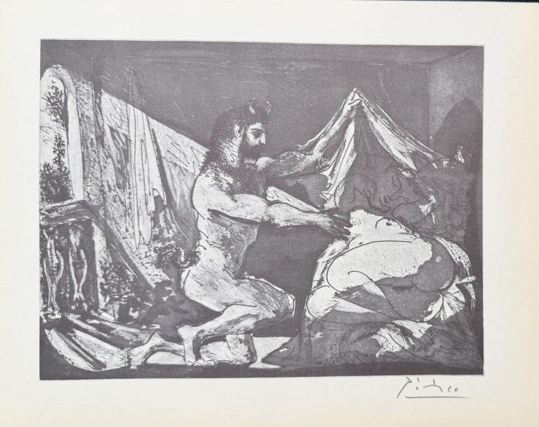 Pablo Picasso "Faun Unveiling a Sleeping Girl": Pablo Picasso original lithograph after etching. Titled "Faune Defoliant Une Dormeuse"", aka "Faun Unveiling a Sleeping Girl", from "Suite Vollard" series. Signed in pencil lower right. Certificate