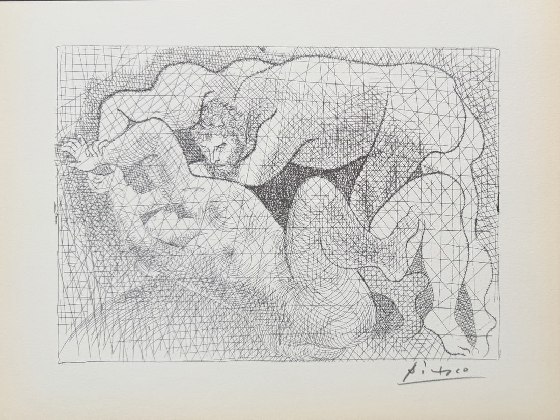 Pablo Picasso "Le Viol" Lithograph COA: Pablo Picasso original lithograph after etching. Titled "Le Viol", aka "The Rape", from "Suite Vollard" series. Signed in pencil lower right. Certificate of Authenticity. Excellent condition, toning