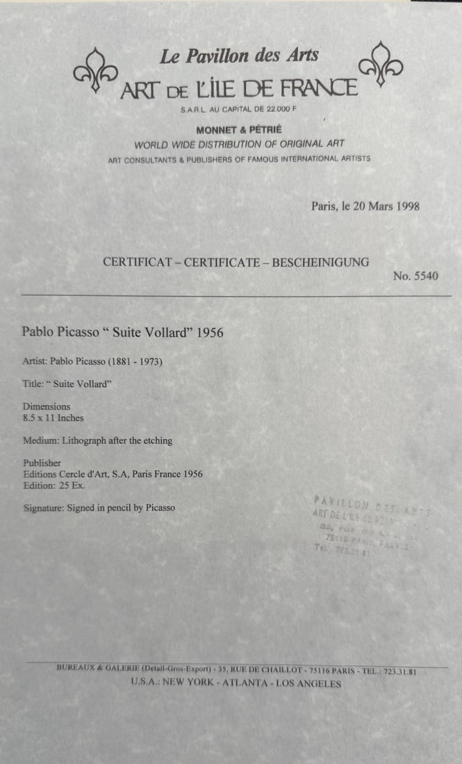 Pablo Picasso "Le Viol" Lithograph COA - 5