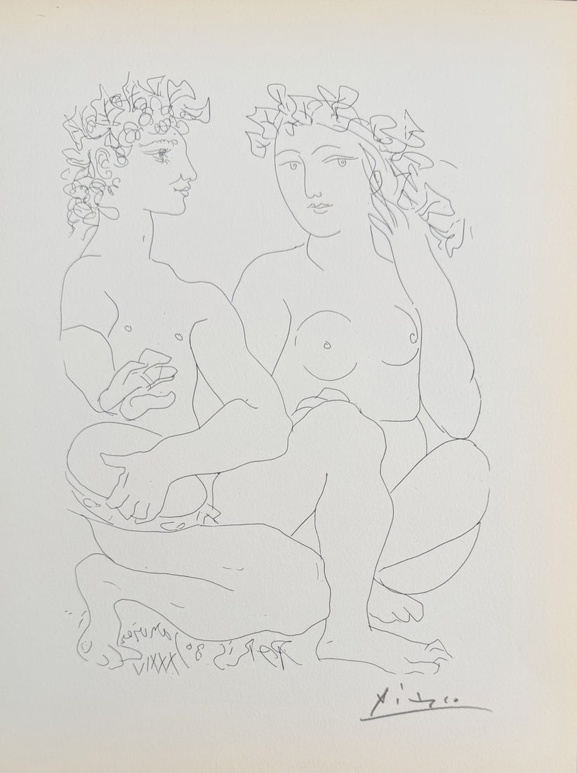 Pablo Picasso "Man With Tambourine" Lithograph: Pablo Picasso original lithograph after etching. Titled "Jeune Couple Accroupi, l'homie Avec un Tambourin", aka "Young Couple Crouching, the Man with a Tambourine", from "Suite Vollard" series.