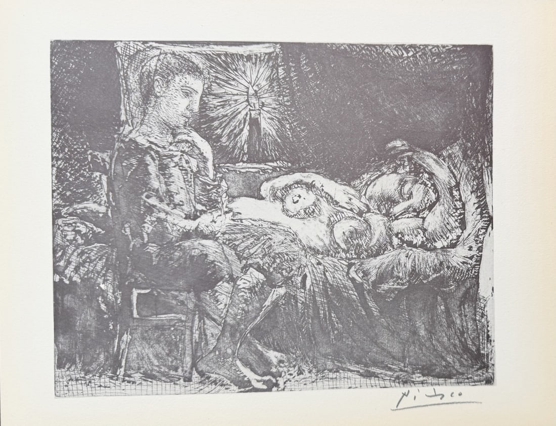 Pablo Picasso "Boy & Sleeping Girl by Candlelight": Pablo Picasso original lithograph after etching. Titled "Garcon et Dormeuse a la Chandelle", aka "Boy and Sleeping Girl by Candlelight", from "Suite Vollard" series. Signed in pencil lower right.