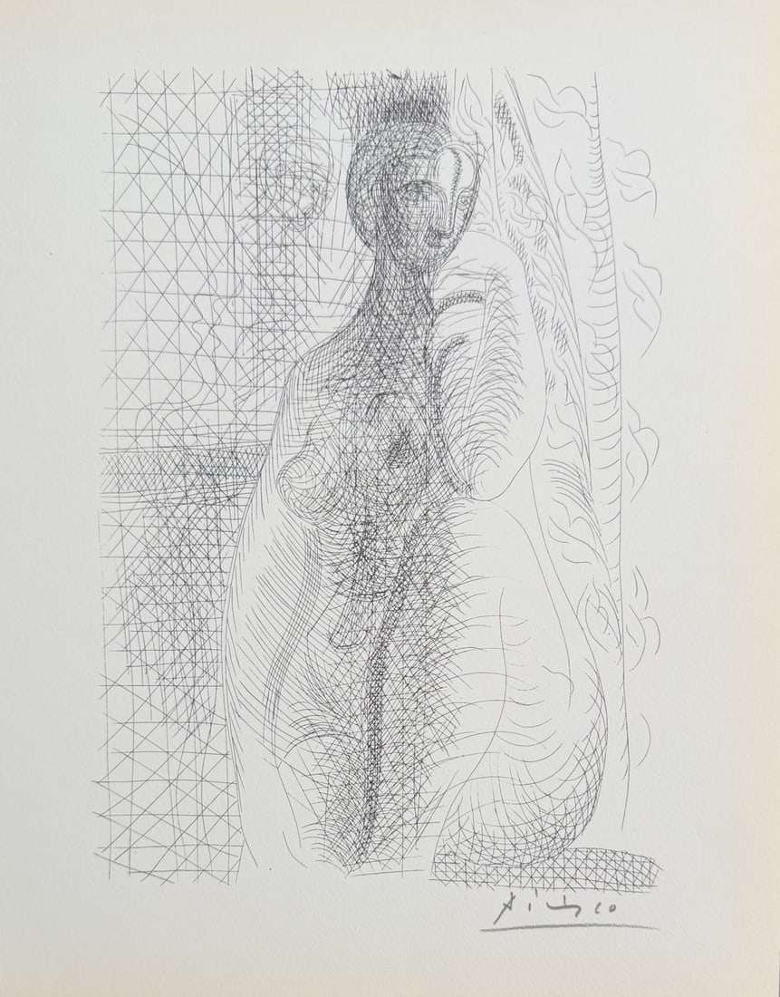 Pablo Picasso "Naked Woman with Her Leg Bent": Pablo Picasso original lithograph after etching. Titled "Femme Nut, La Jambe PlieeI", aka "Naked Woman with Her Leg Bent", from "Suite Vollard" series. Signed in pencil lower right. Certificate of