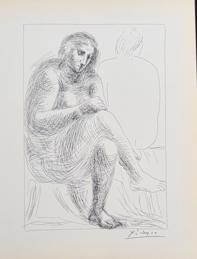 Pablo Picasso "At The Bath" Litho COA: Pablo Picasso original lithograph after etching. Titled "Au Bain", aka "At The Bath", from "Suite Vollard" series. Signed in pencil lower right. Certificate of Authenticity. Excellent condition,