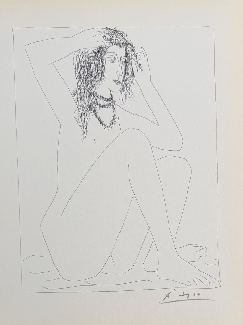 Pablo Picasso "Nude Woman Crowning W Flowers": Pablo Picasso original lithograph after etching. Titled "Femme Nut Se Couronnant de Fleurs", aka "Nude Woman Crowning Herself With Flowers", from "Suite Vollard" series. Signed in pencil lower right.
