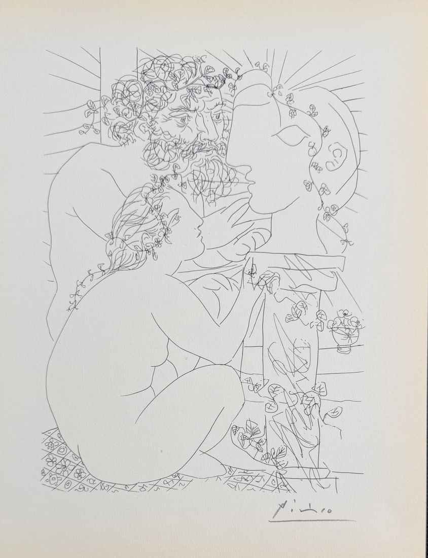 Pablo Picasso "Sculptor and Model" Lithograph COA: Pablo Picasso original lithograph after etching. Titled "Sculptor and Model", from "Suite Vollard" series. Signed in pencil lower right. Certificate of Authenticity. Excellent condition, toning to