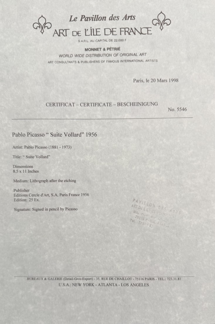 Pablo Picasso "Sculptor and Model" Lithograph COA - 5