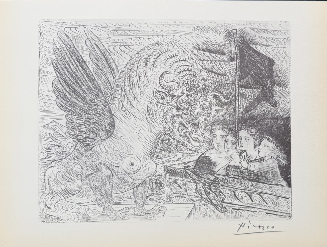 Pablo Picasso "Winged Bull Watched by 4 Children": Pablo Picasso original lithograph after etching. Titled "Winged Bull Watched by Four Children", aka "Harpy with Head of a Bull and Four Little Girls on a Tower Surmounted by a Black Flag", from
