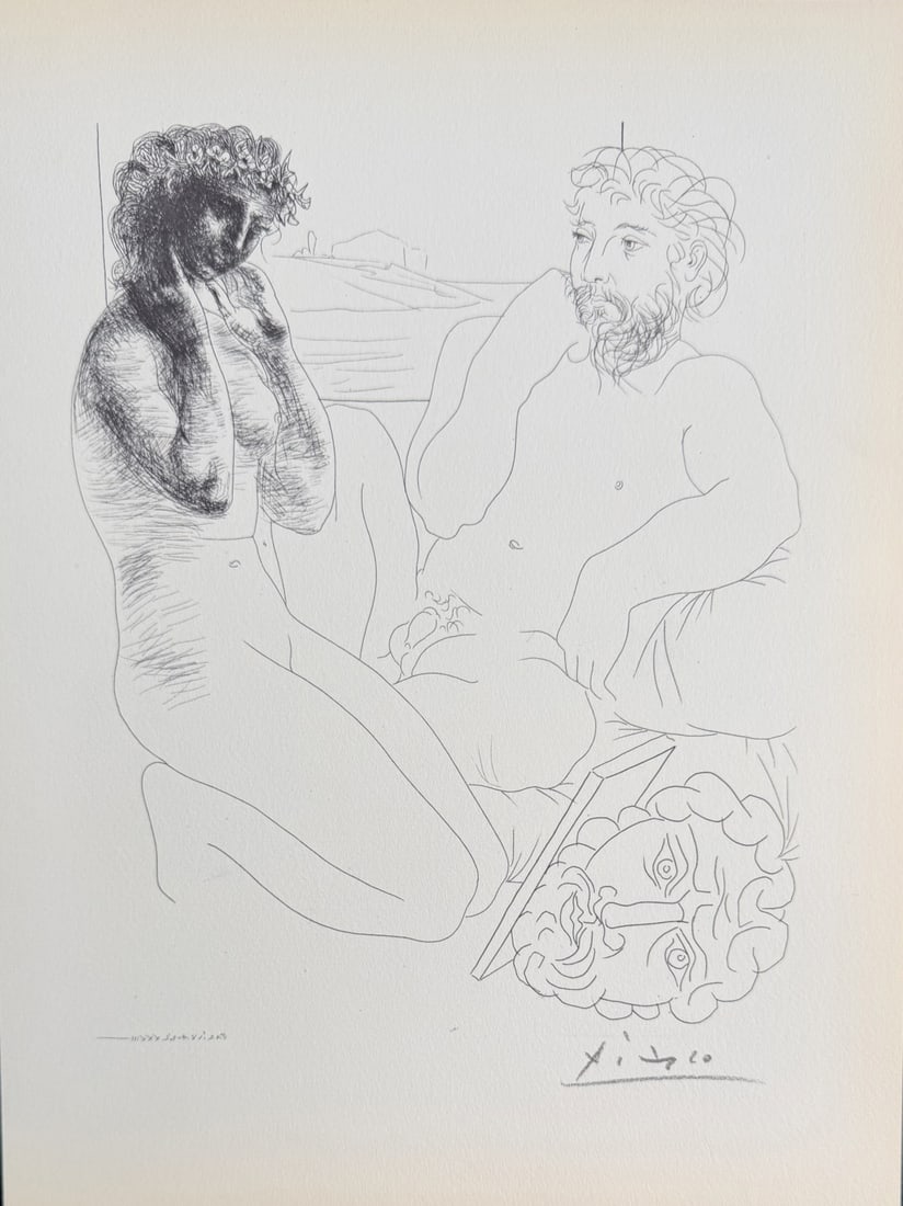 Pablo Picasso "Sculptor and Model Kneeling" Litho: Pablo Picasso original lithograph after etching. Titled "Sculpteur et Modele Agenouille", aka "Sculptor and Model Kneeling", from "Suite Vollard" series. Signed in pencil lower right. Certificate of