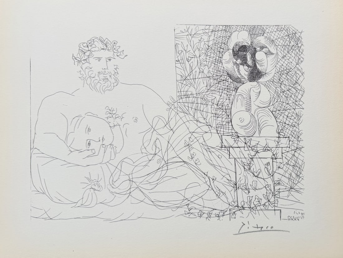 Pablo Picasso "Sculptor at Rest & Surrealist COA: Pablo Picasso original lithograph after etching. Titled "Le Repos du Sculpteur et la Sculpture Surrealiste", aka "The Sculptor at Rest and the Surrealist Sculpture", from "Suite Vollard" series.