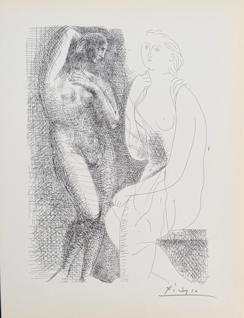 Pablo Picasso "Nude Woman in Front of a Statue": Pablo Picasso original lithograph after etching. Titled "Femme Nut Devant Une Statue", aka "Nude Woman in Front of a Statue", from "Suite Vollard" series. Signed in pencil lower right. Certificate of