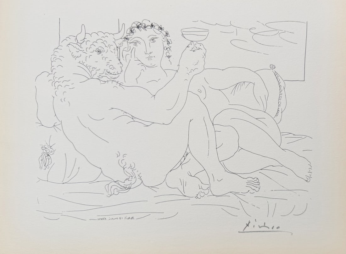 Pablo Picasso "Minotaur and Young Woman" Litho: Pablo Picasso original lithograph after etching. Titled "Minotaure, une Coupe a la Main, et Jeune Femme", aka "Minotaur with goblet in his hand and young woman", from "Suite Vollard" series. Signed