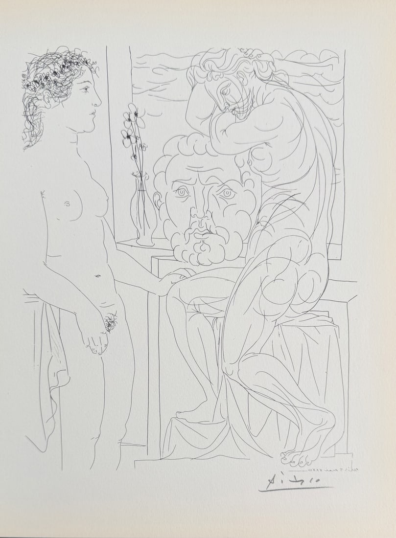 Pablo Picasso "Female Model and 2 Sculptures": Pablo Picasso original lithograph after etching. Titled "Modele nu et Sculptures", aka "Female Model and Two Sculptures", from "Suite Vollard" series. Signed in pencil lower right. Certificate of