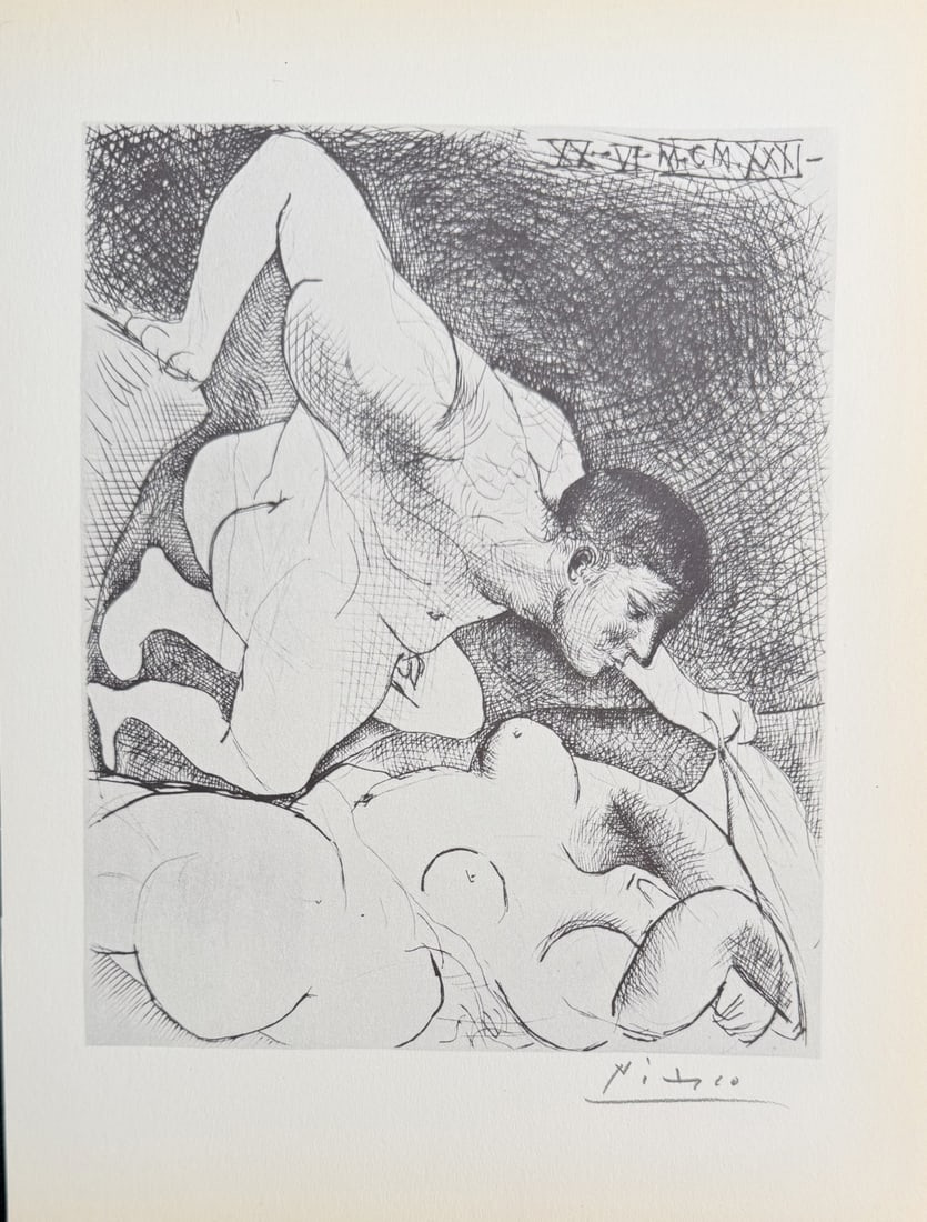 Pablo Picasso "Man Unveiling a Woman" Litho COA: Pablo Picasso original lithograph after etching. Titled "Homme Defoliant Une Femme", aka "Man Unveiling a Woman", from "Suite Vollard" series. Signed in pencil lower right. Certificate of