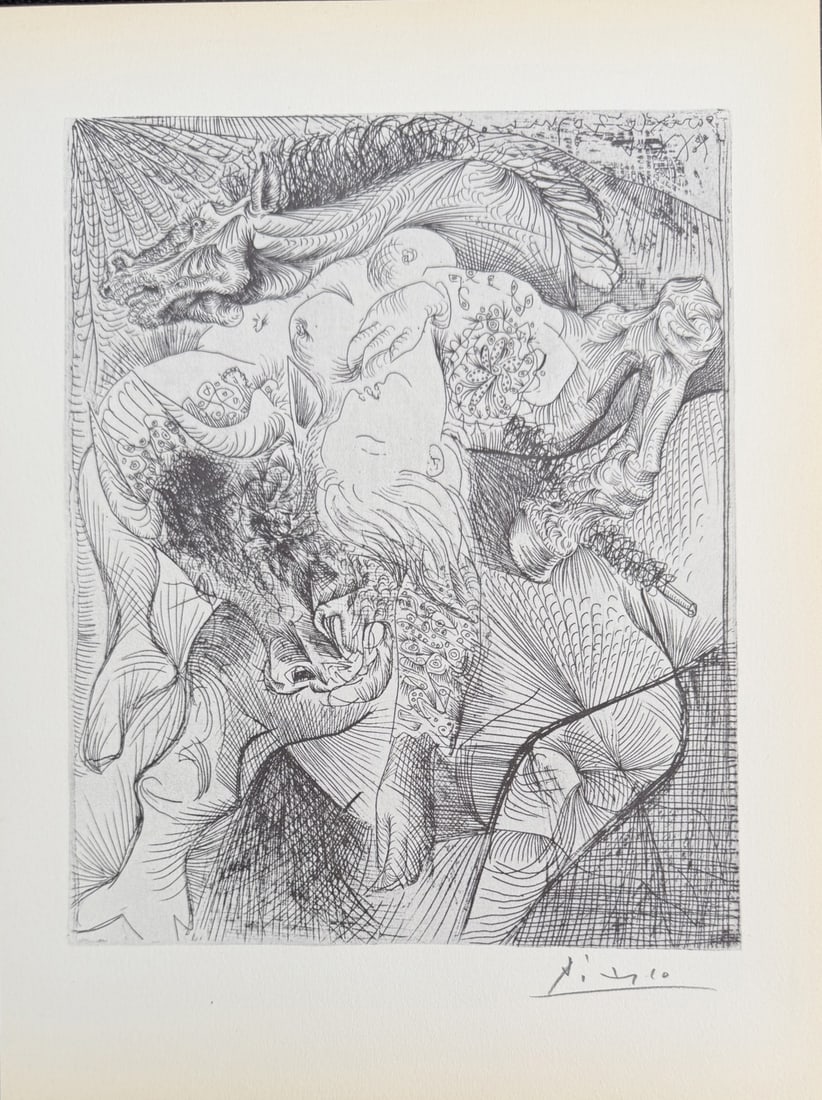 Pablo Picasso "Marie Therese en Femme Torero": Pablo Picasso original lithograph after etching. Titled "Marie Therese en Femme Torero", aka "Woman Bullfighter II", from "Suite Vollard" series. Signed in pencil lower right. Certificate of