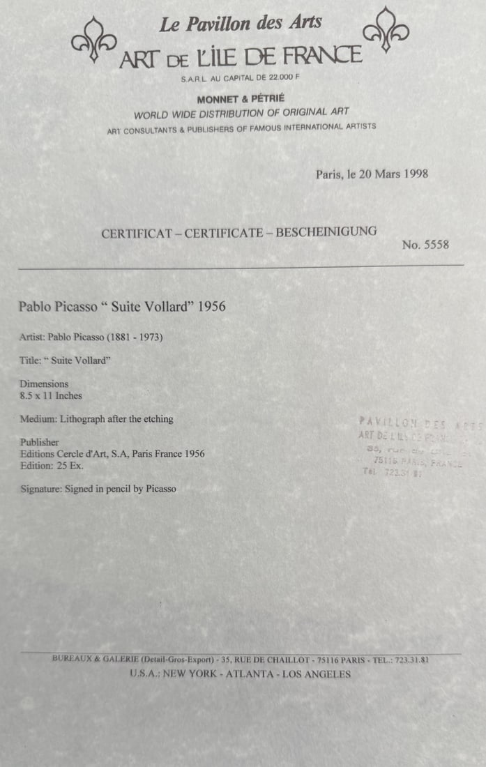 Pablo Picasso "Vanquished Minotaur" Litho COA - 5