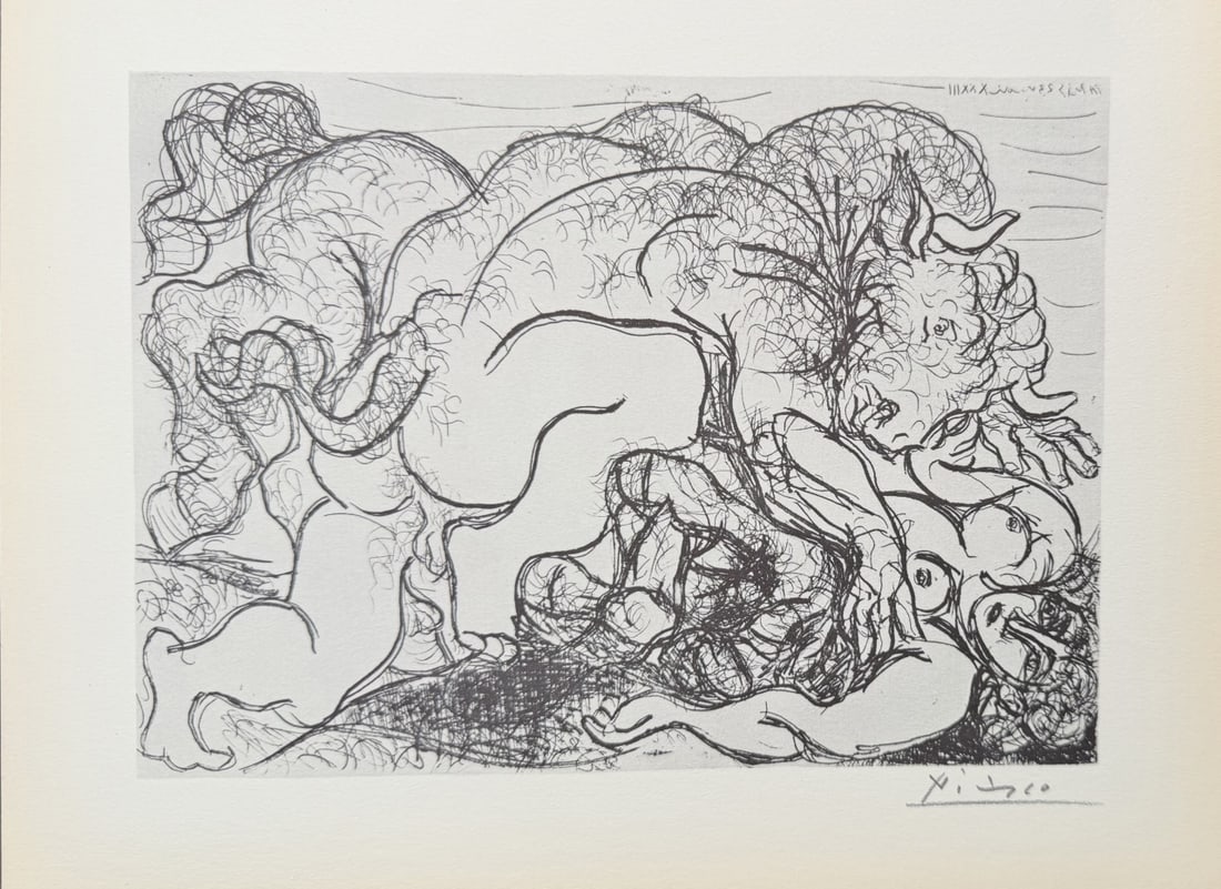 Pablo Picasso "Minotaur Attacking an Amazon" Litho: Pablo Picasso original lithograph after etching. Titled "Minotaure Attaquant Une Amazone", aka "Minotaur Attacking an Amazon", from "Suite Vollard" series. Signed in pencil lower right. Certificate