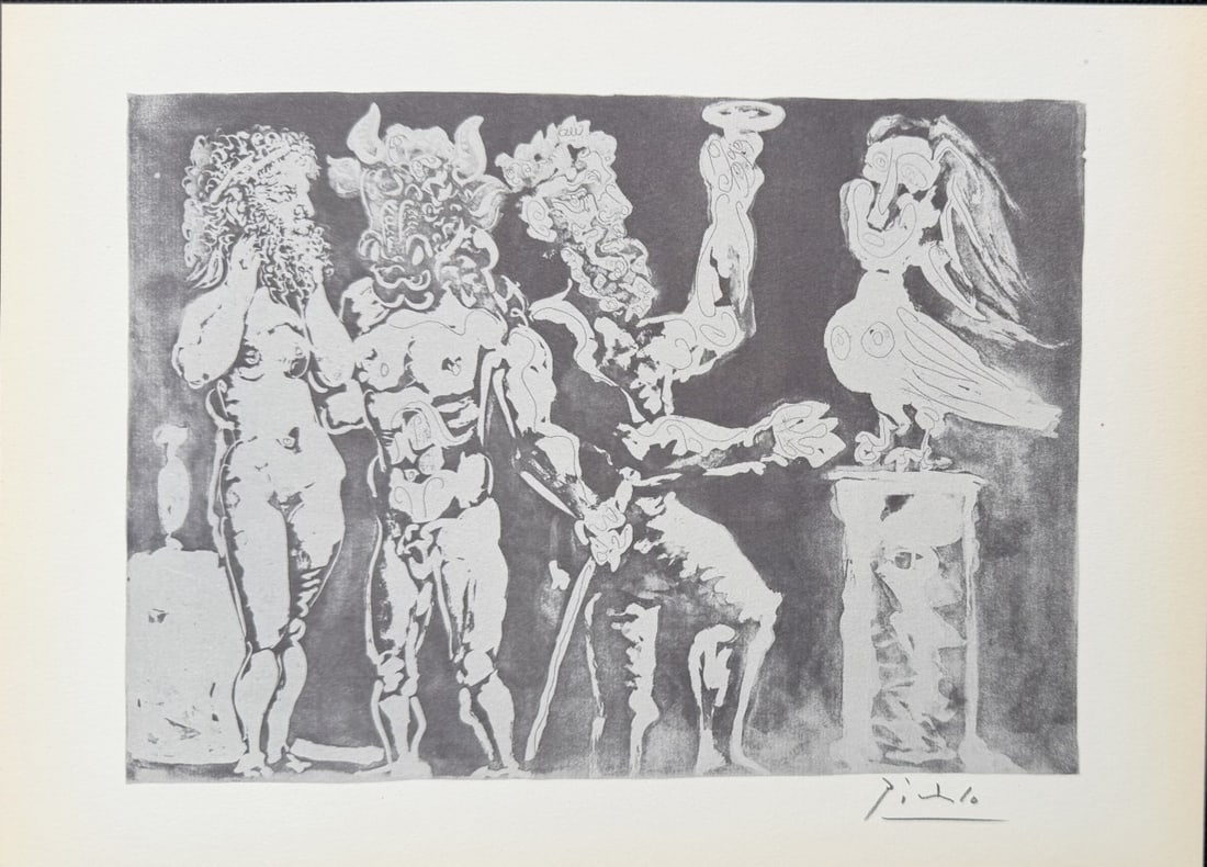 Pablo Picasso "Masked Figures and Harpy" Litho: Pablo Picasso original lithograph after etching. Titled "Chez la Pythie Harpye", aka "Masked Figures and Harpy", from "Suite Vollard" series. Signed in pencil lower right. Certificate of