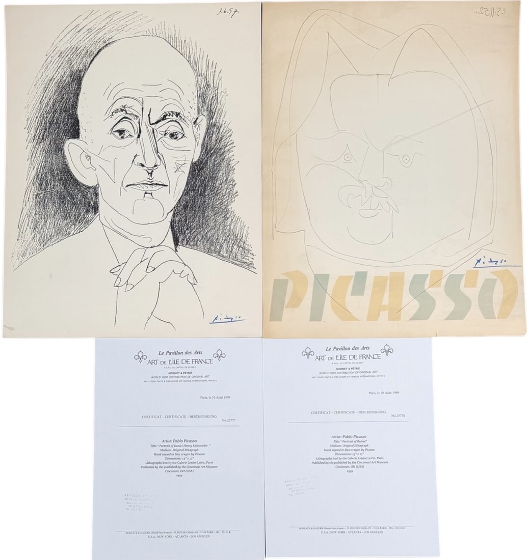 2pc Pablo Picasso Original Lithographs with COA: 2 Pieces by Pablo Picasso original lithographs with Certificate of Authenticity (1) titled "Portrait of Daniel Henry Kahnweiler", signed in blue crayon, measures 13" x 17", and (1) titled "Portrait of