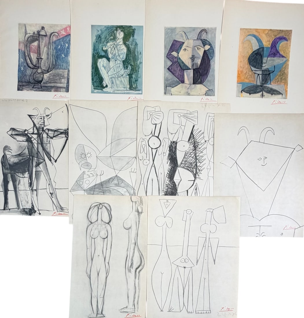 10pc Pablo Picasso Verve #19-20 1948 Lithos: 10 Pieces by Pablo Picasso, from Verve #19-20, dated 1948, original lithographs. All pages signed in red crayon. Printed by Draeger Freres. (1) titled "Coffee Pot or The Starry Ewer", small paper adhe