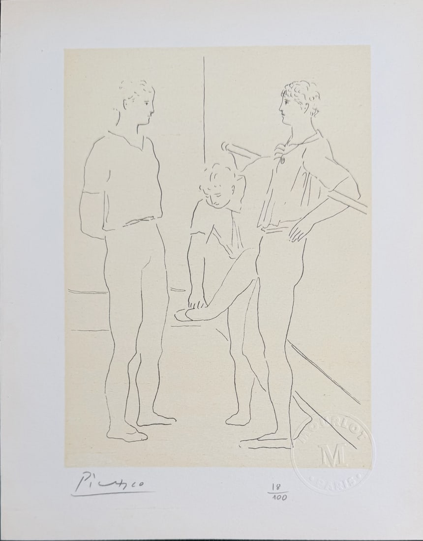 Pablo Picasso "Picasso Dessins Dialogue on Dance": Pablo Picasso original lithograph. Titled "Dialogue on Dance or Ballet Dancers", from "Picasso Dessins" series. Signed in pencil lower left. Embossed seal from Mourlot Paris. Numbered 18/100 in