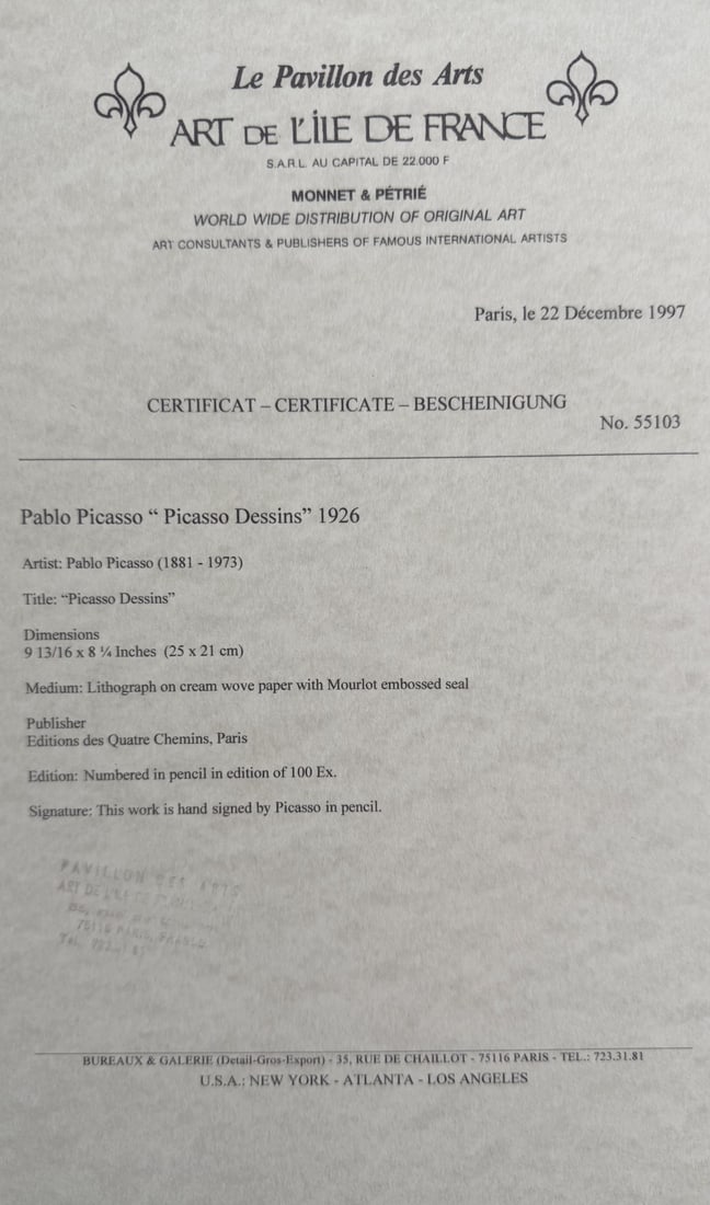 Pablo Picasso "Grace and Movement" Litho COA - 5