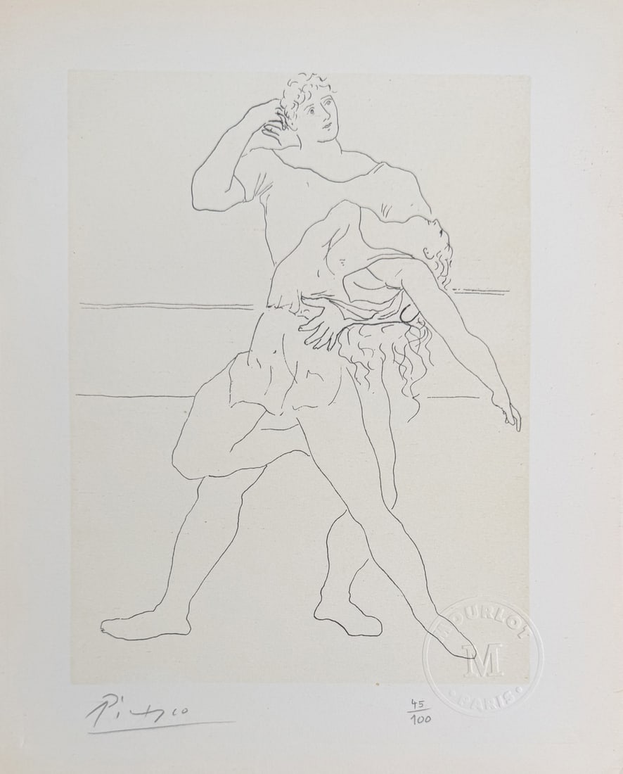 Pablo Picasso "Danseur et Danseuse" Litho COA: Pablo Picasso original lithograph. Titled "Danseur et Danseuse", from "Picasso Dessins" series. Signed in pencil lower left. Embossed seal from Mourlot Paris. Numbered 45/100 in pencil. On verso page