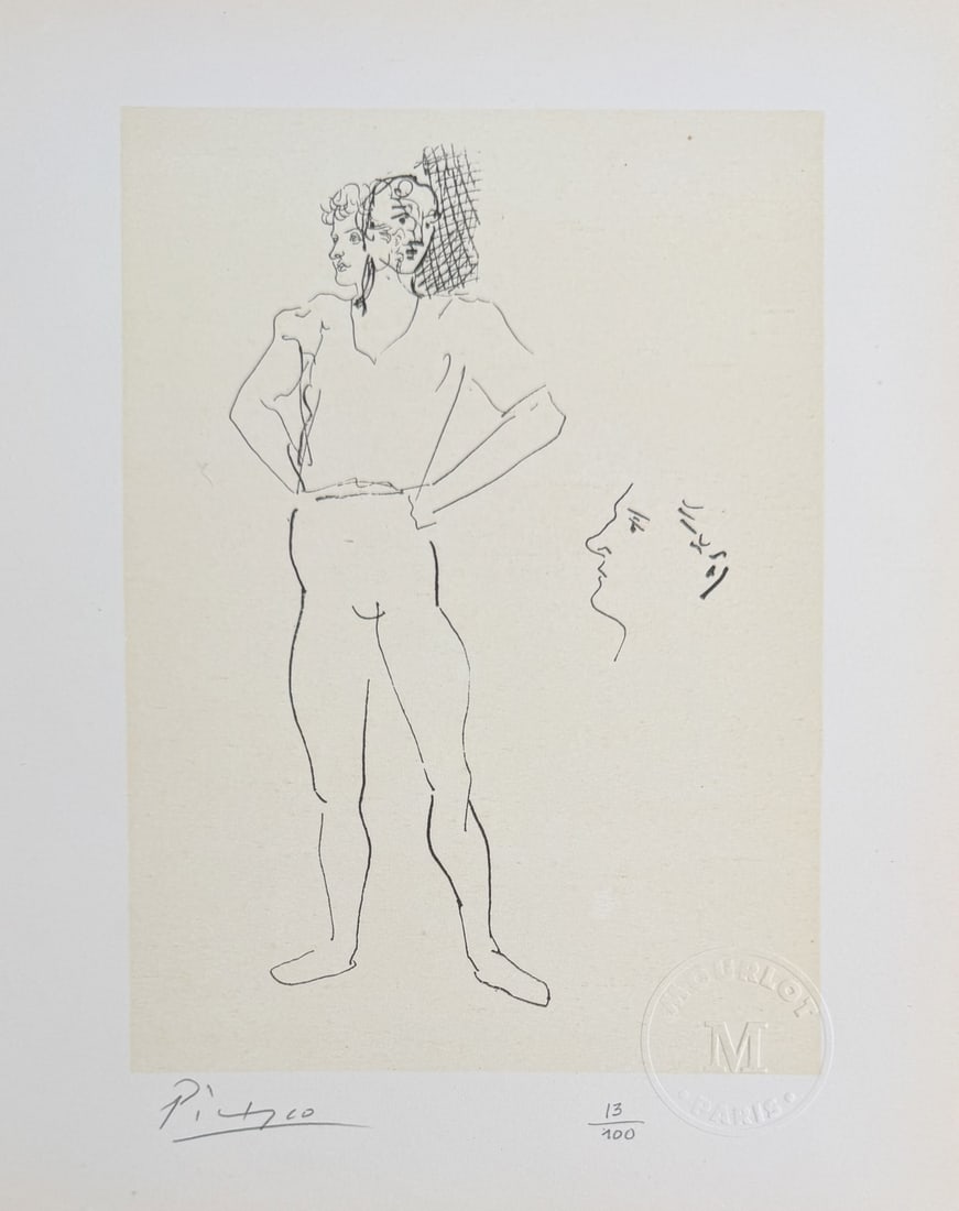 Pablo Picasso Original Lithograph, Unknown Title: Pablo Picasso original lithograph. Titled "Unknown", from "Picasso Dessins" series. Signed in pencil lower left. Embossed seal from Mourlot Paris. Numbered 13/100 in pencil. On verso page #34. Certifi