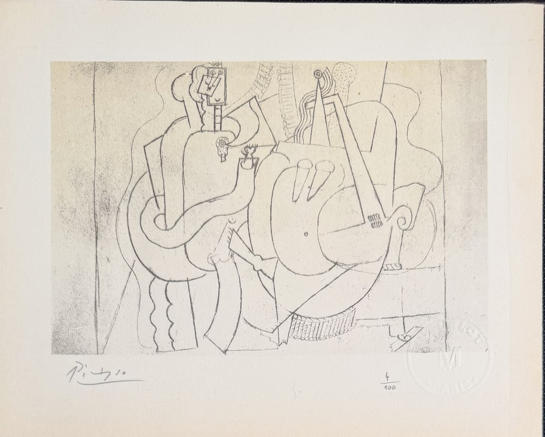 Pablo Picasso "Card Players at Table" Litho COA: Pablo Picasso original lithograph. Titled "Card Players at Table", from "Picasso Dessins" series. Signed in pencil lower left. Embossed seal from Mourlot Paris. Numbered 4/100 in pencil. On verso
