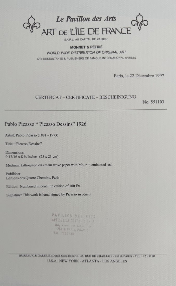 Pablo Picasso Original Lithograph COA Unknown - 5