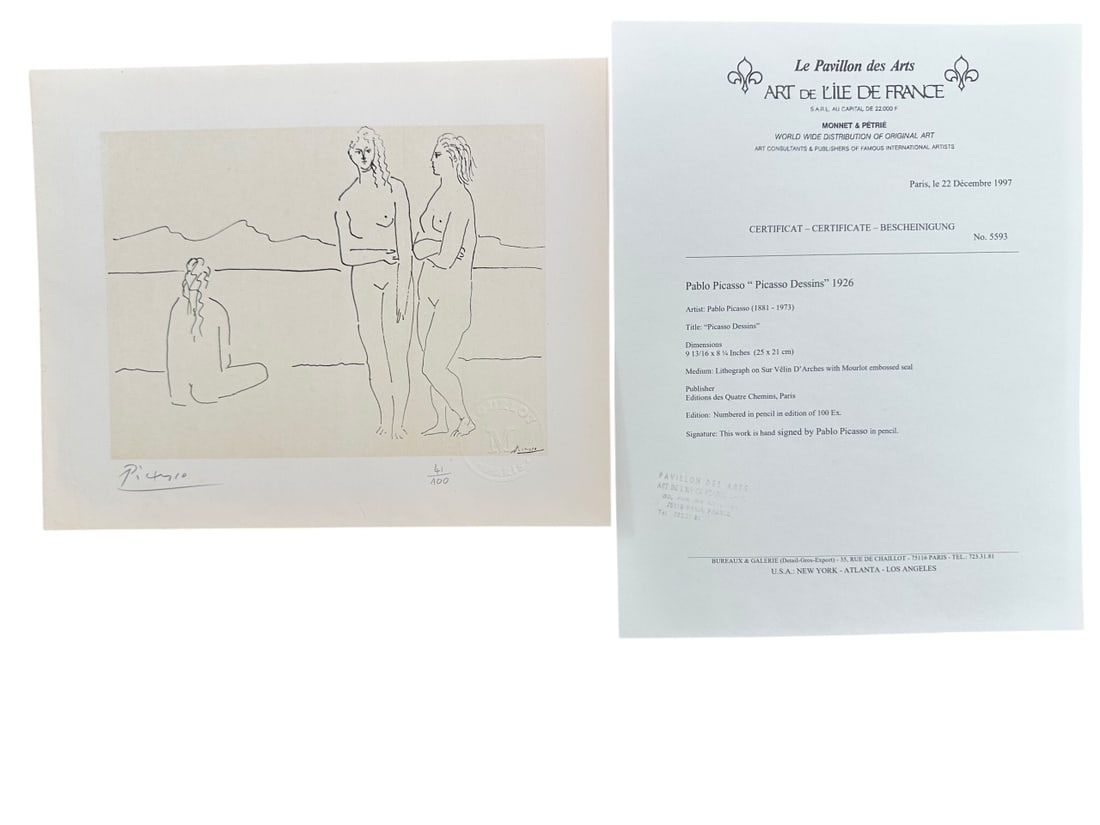 Pablo Picasso "Picasso Dessins" COA & Seal: Pablo Picasso from Picasso Dessins, "Les trois graces II". Signed in pencil. Numbered 41/100 in pencil. Embossed seal Mourlot Paris. COA. Excellent condition. Paper measures 8.25" x 10.25", art