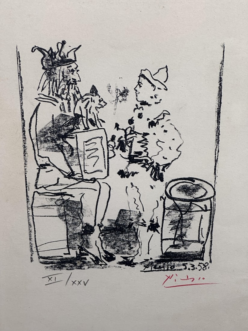 Pablo Picasso "Les Saltimbanquis (The Tumblers)": Pablo Picasso original lithograph. Titled "Les Saltimbanquis (The Tumblers)", 1958 from Souvenirs D'Un Collectionneur. On Arches paper with Mourlot watermark. Certificate of Authenticity. Signed in re