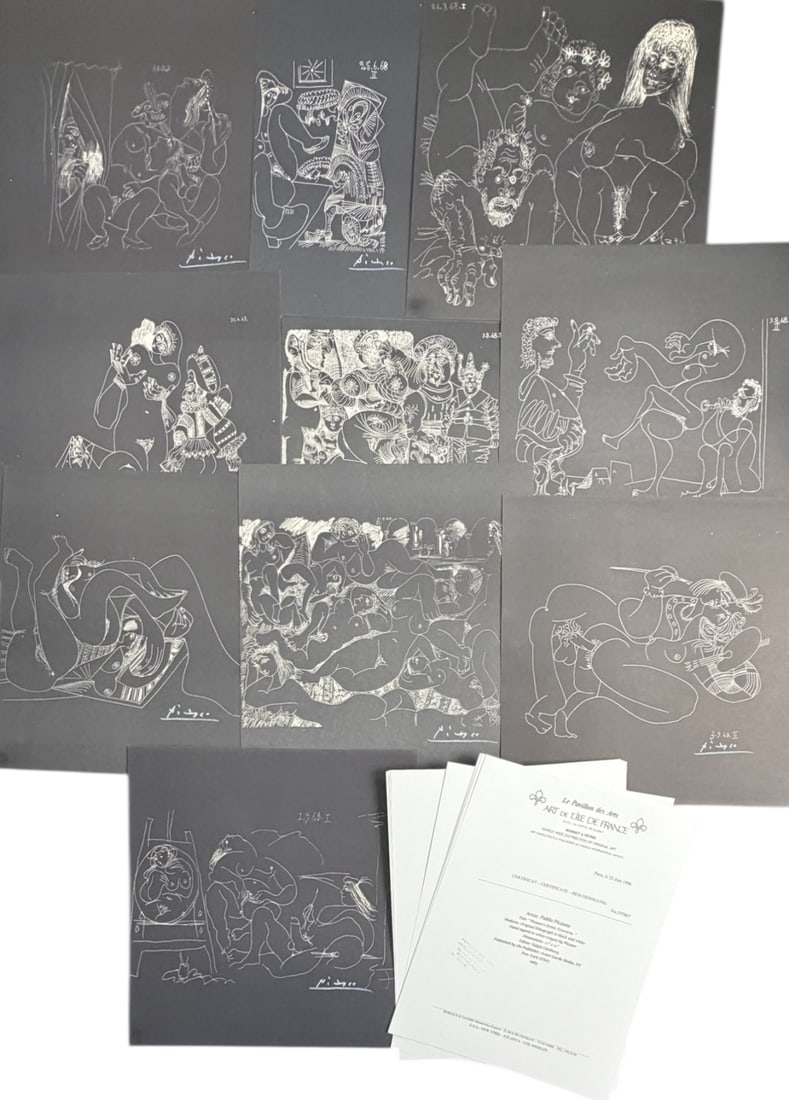 10pc Pablo Picasso Lithographs "Erotic Gravures": 10 Pieces by Pablo Picasso, each with Certificate of Authenticity. From "Picasso's Erotic Gravures". Original lithograph in black and white. Each hand signed with white crayon bottom right. Each measu
