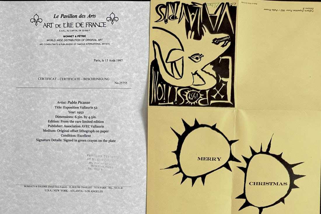 Pablo Picasso "Exposition Vallauris 52" Lithograph: Pablo Picasso original offset lithograph on paper. Title "Exposition Vallauris 52. Year 1952. Interior reads Merry Christmas. Edition: From the rare limited edition. Publisher: Association AVEC