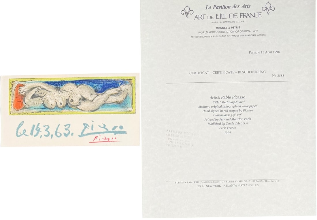 Pablo Picasso "Reclining Nude" Original Litho: Pablo Picasso original color lithograph. Titled "Reclining Nude". Certificate of Authenticity. Signed in red crayon lower right. Excellent condition. Measures 3.5" x 7".