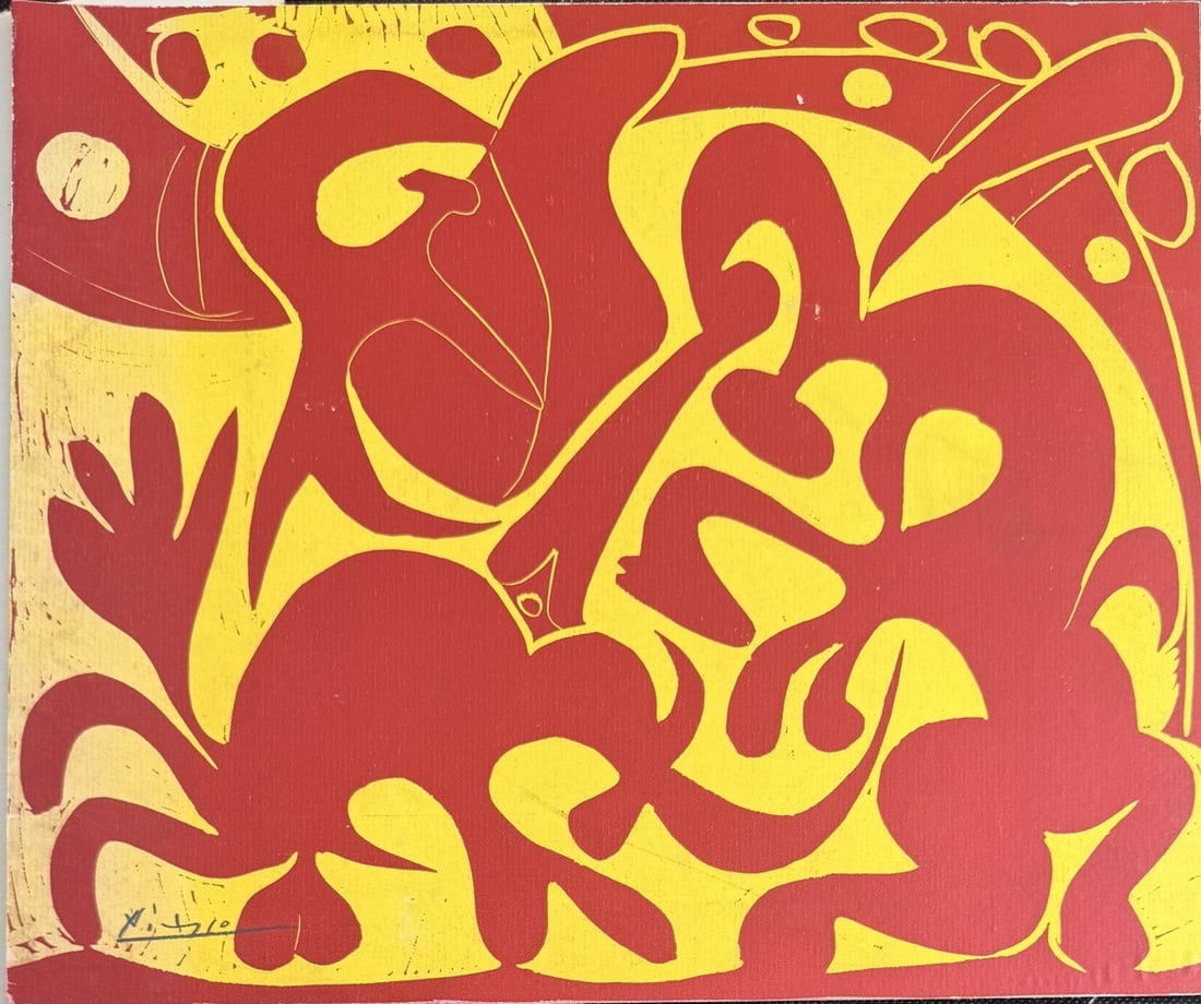 Pablo Picasso Linocut "Picador Goading Bull": Pablo Picasso linocut, titled "Picador Goading Bull with Matador", dated 1962. Published by Cercle d'Art, S.A., Paris. Signed in black crayon. Adhered to heavy artist board. Good condition. Measures 1
