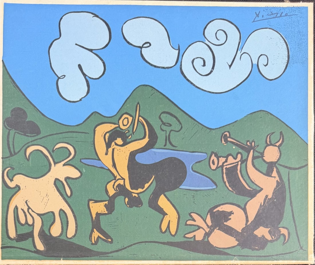 Pablo Picasso Linocut "Two Satyrs Goat": Pablo Picasso linocut. Titled "Two Satrys Goat", dated 1962. Published by Cercle d'Art, S.A. Paris. Signed in black crayon. Adhered to heavy artist board. Excellent condition. Measures 13.25" x 11.25"