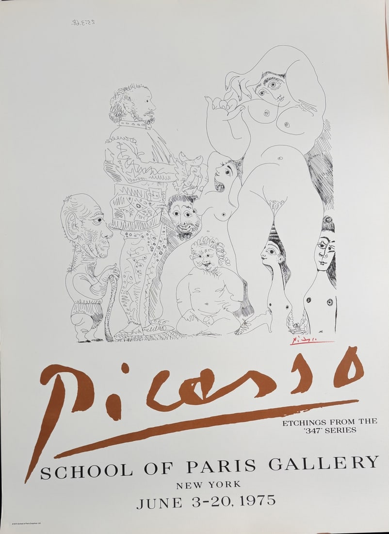 Pablo Picasso Etchings from the 347 Series Linocut: Pablo Picasso linocut poster from the "Etchings From the "347" Series. School of Paris Gallery, New York, June 3-20, 1975. Bottom left copyright 1975 School of Paris Graphics, Ltd. Signed in red