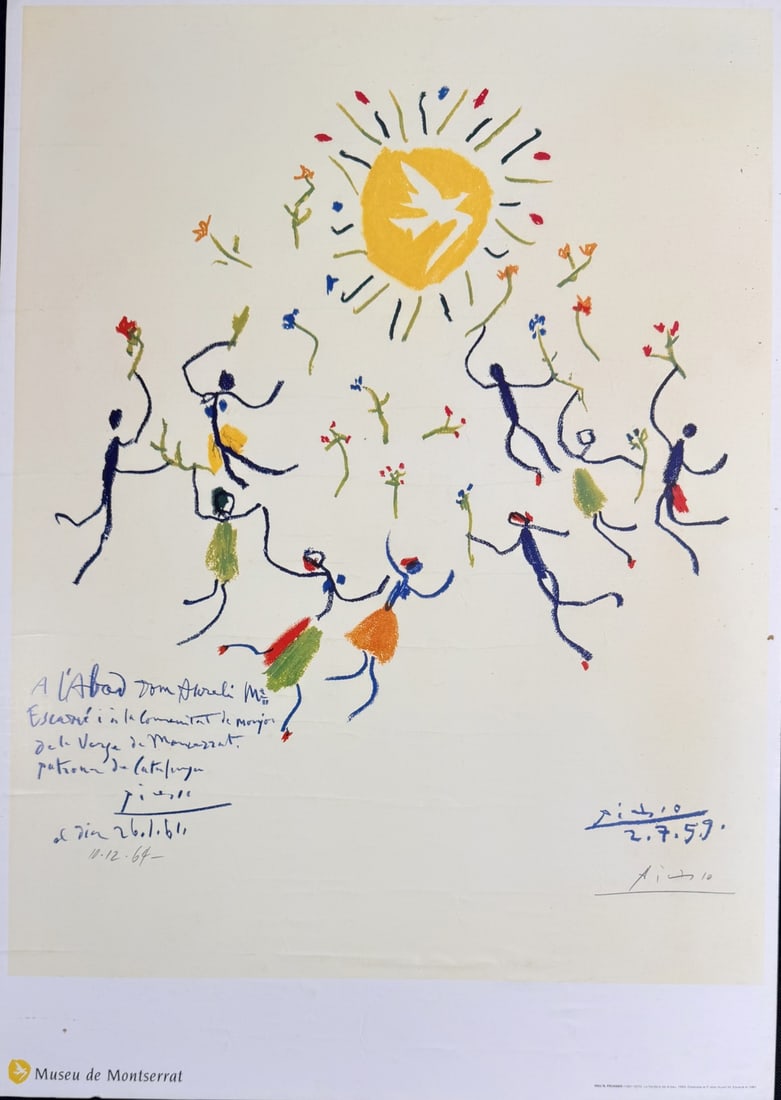 Pablo Picasso Personalized Art Print: Pablo Picasso personalized art print. Titled "Ronde de la Jeunesse" or "Ronde Au Soleil" or "Sun Circle". Print is from 1959. Personalized "To the Abbot Dom Aureli M. Escarre and the community of