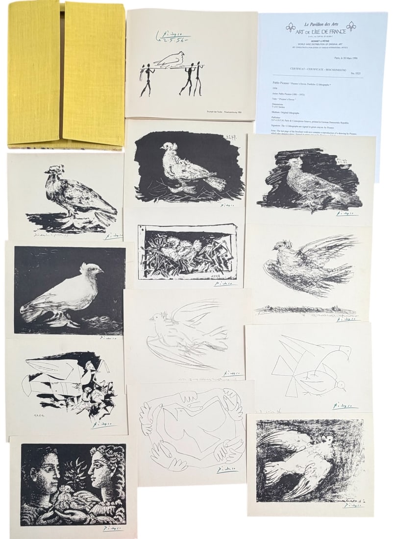 13pc Pablo Picasso "Picasso's Doves" Lithos & Book: 13pc Pablo Picasso original lithographs, signed in green crayon. Certificate of Authenticity (12) Titled "Picasso's Doves". Portfolio of 12 lithographs in a yellow portfolio cover. Back of each