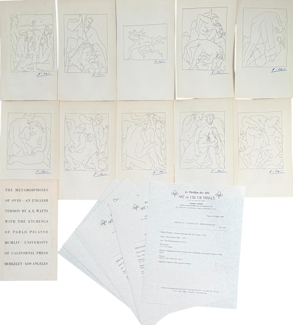 10pc Pablo Picasso "The Metamorphoses of Ovid": 10 Pieces by Pablo Picasso lithographs after etching from "The Metamorphoses of Ovid". Paper watermarked Warren's Olde Style. Dated 1954. Certificate of Authenticity. Editions D'Art Albert Skira,