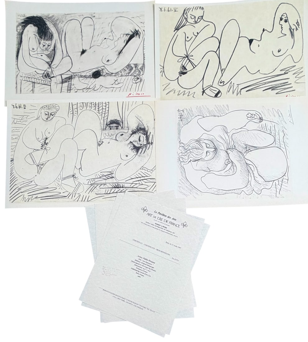 4pc Picasso Original Lithographs "Les Dejeuners": 4 Pieces by Pablo Picasso, original lithographs from "Les Dejeuners". Certificate of Authenticity. (1) titled "Nude Bathers", signed in red crayon, (1) untitled two reclining female nudes, signed in r